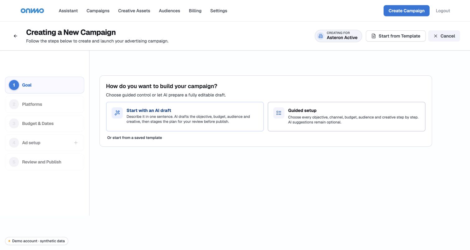 ONMO campaign creation showing guided setup and an editable AI draft